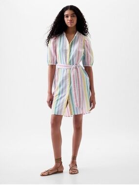 Gap linen/cotton colorful, striped shirt dress with puffy sleeves and tie waist